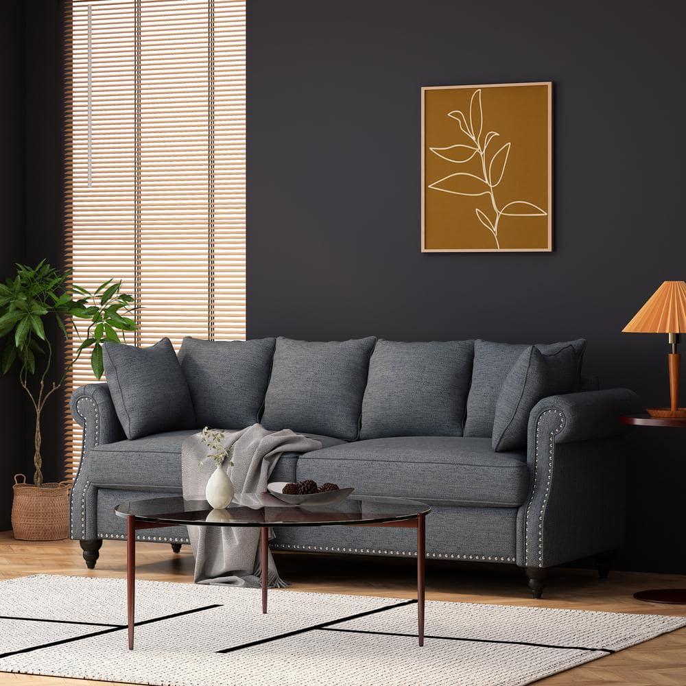 Noble House Viewland Fabric Pillowback 3 Seater Sofa with Nailhead Trim, Charcoal and Dark Brown