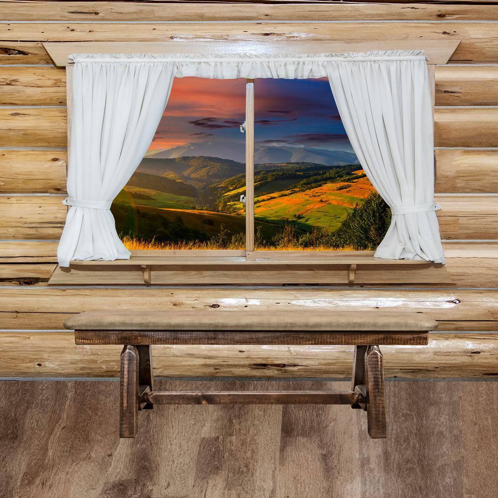 Homestead Collection 18 in. H Brown Wooden Bench with Buckskin Pattern Upholstered Seat, 5 ft. Length