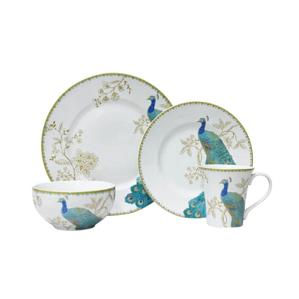 222 Fifth Peacock Garden Porcelain 16pc Dinnerware Set White: Round Dish Set, Service for 4, Bird Pattern, Dishwasher-Safe