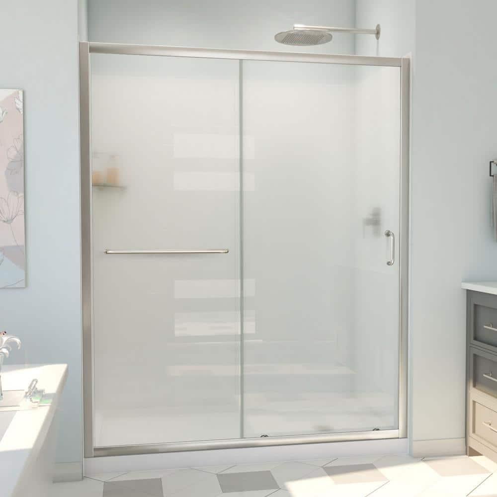 Infinity-Z Brushed Nickel Sliding Shower Door with White Acrylic Wall Kit