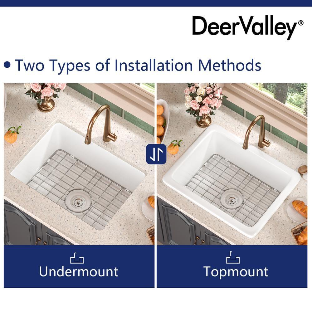 24" L x 19" W Rectangular White Fireclay Undermount Kitchen Sink with Basket Strainer and Sink Grid