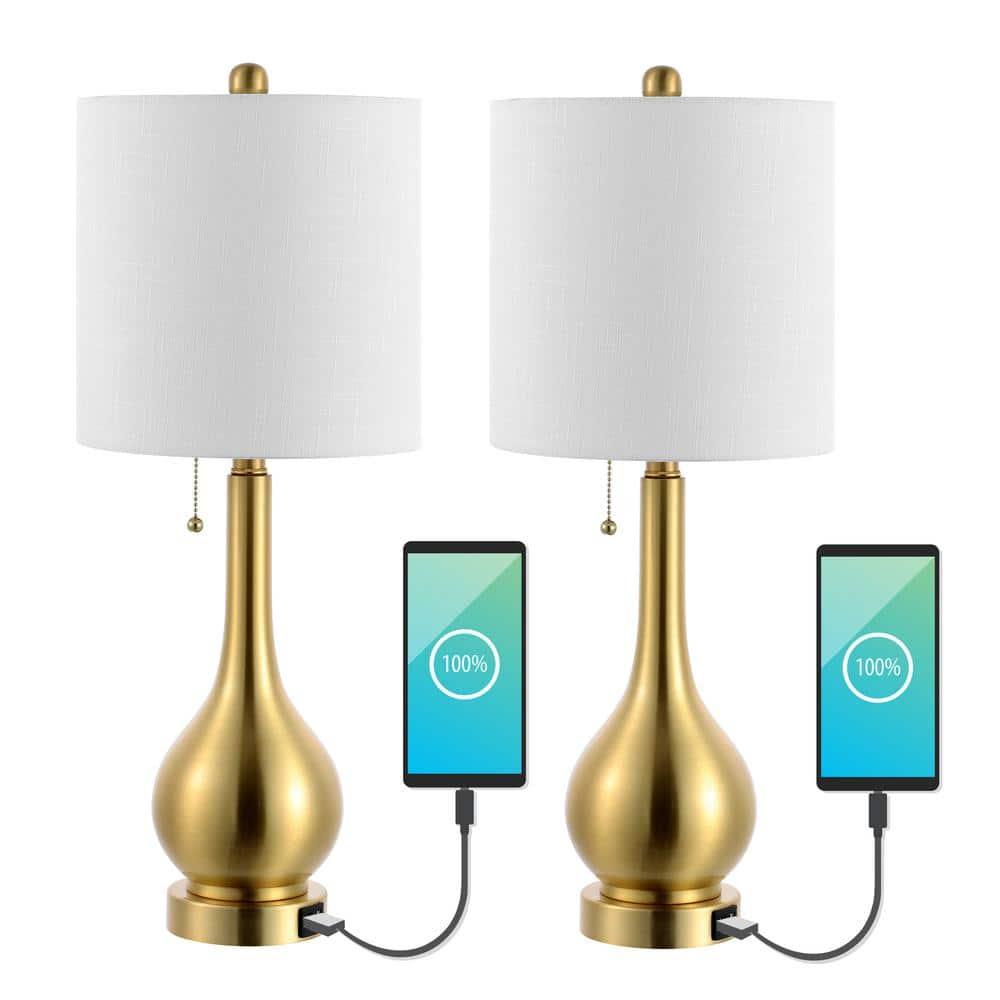 JONATHAN Y JYL1127C-SET2 Tyler 24" Modern Classic Gourd Iron LED Table Lamp with Pull-Chain with Dual USB Charging Port, for living room, dinning room Bulb Included, Brass Gold (Set of 2)