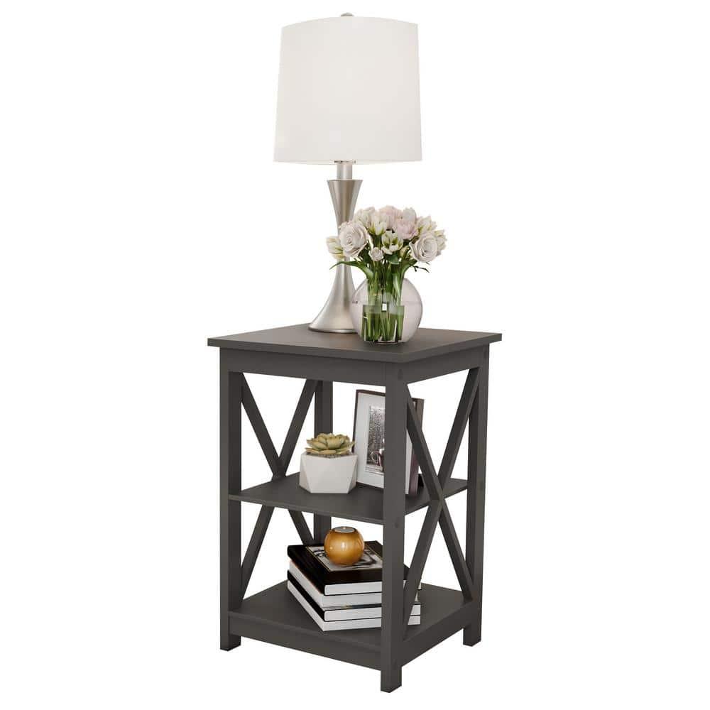 Queribus Side Tables with Two Shelves – 2 Piece Contemporary Nightstands with X-Legs – Wooden End Table Pair for Living Room or Bedroom