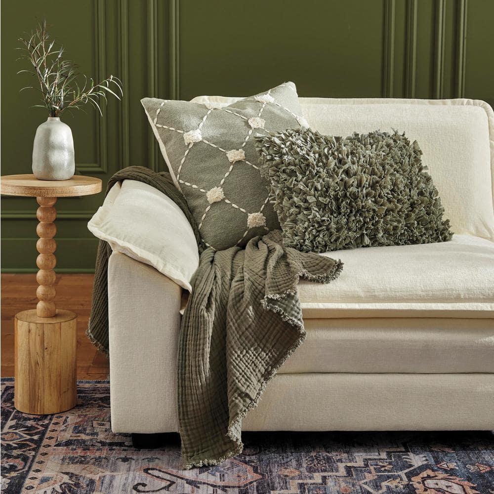 50"x60" Two Toned Organic Throw Blanket Olive Green - Truly Soft: GOTS Certified, Reversible, Fringe Edge