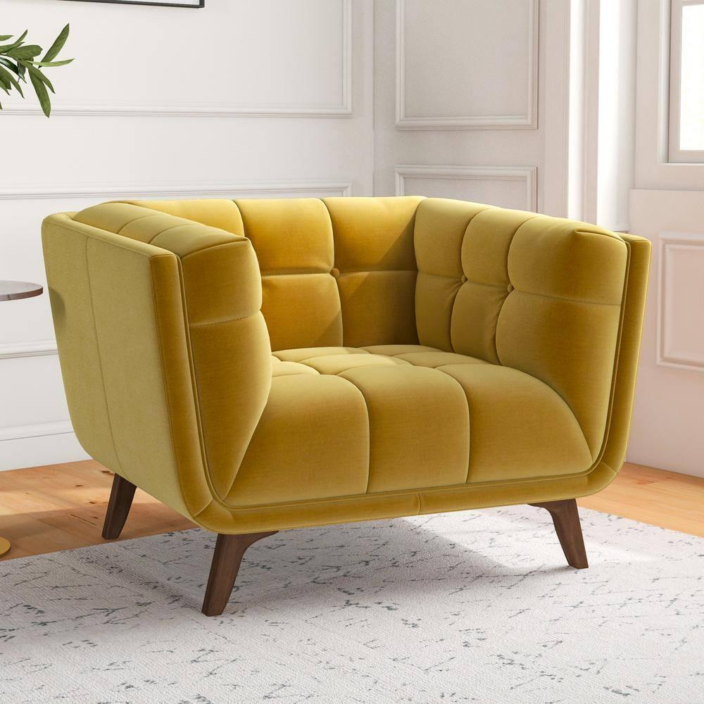 Arcadia Modern Tufted Tight Back Velvet Upholstered Lounge Chair in Dark Yellow