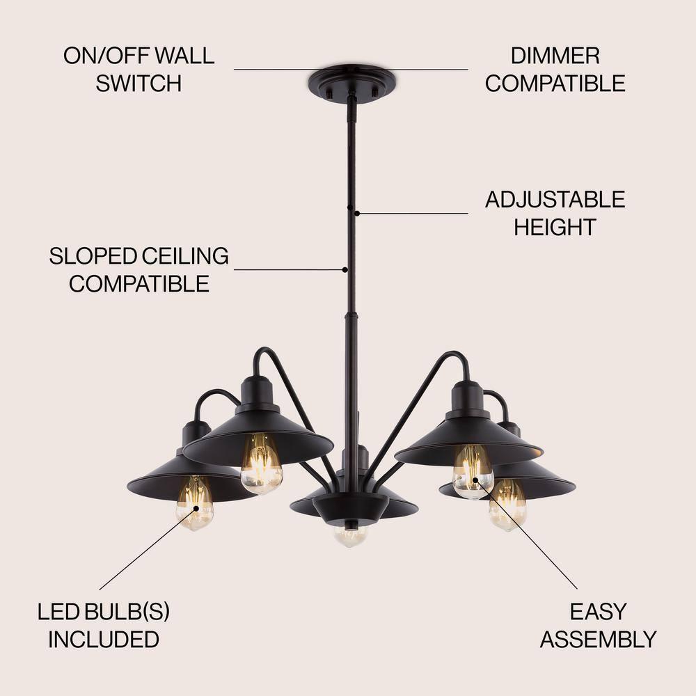 Cole 27" 5-Light Metal Farmhouse Industrial LED Pendant, Oil Rubbed Bronze