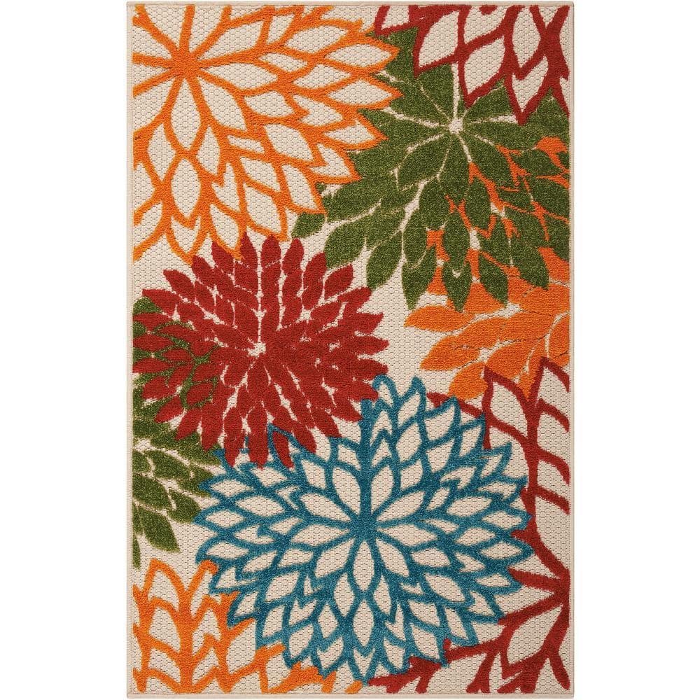 Nourison Aloha Floral Bloom Flatweave High-Low Indoor Outdoor Area Rug Green 2'8" x 4'