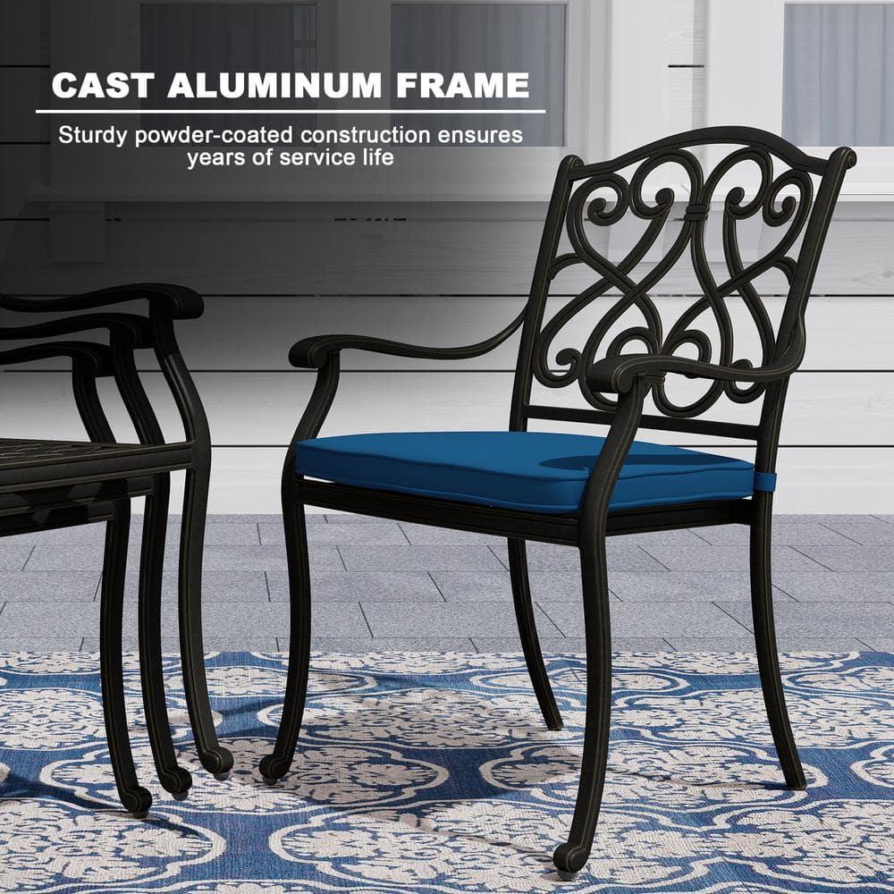 Black Cast Aluminum 6-Person Outdoor Dining Set with Blue Cushions