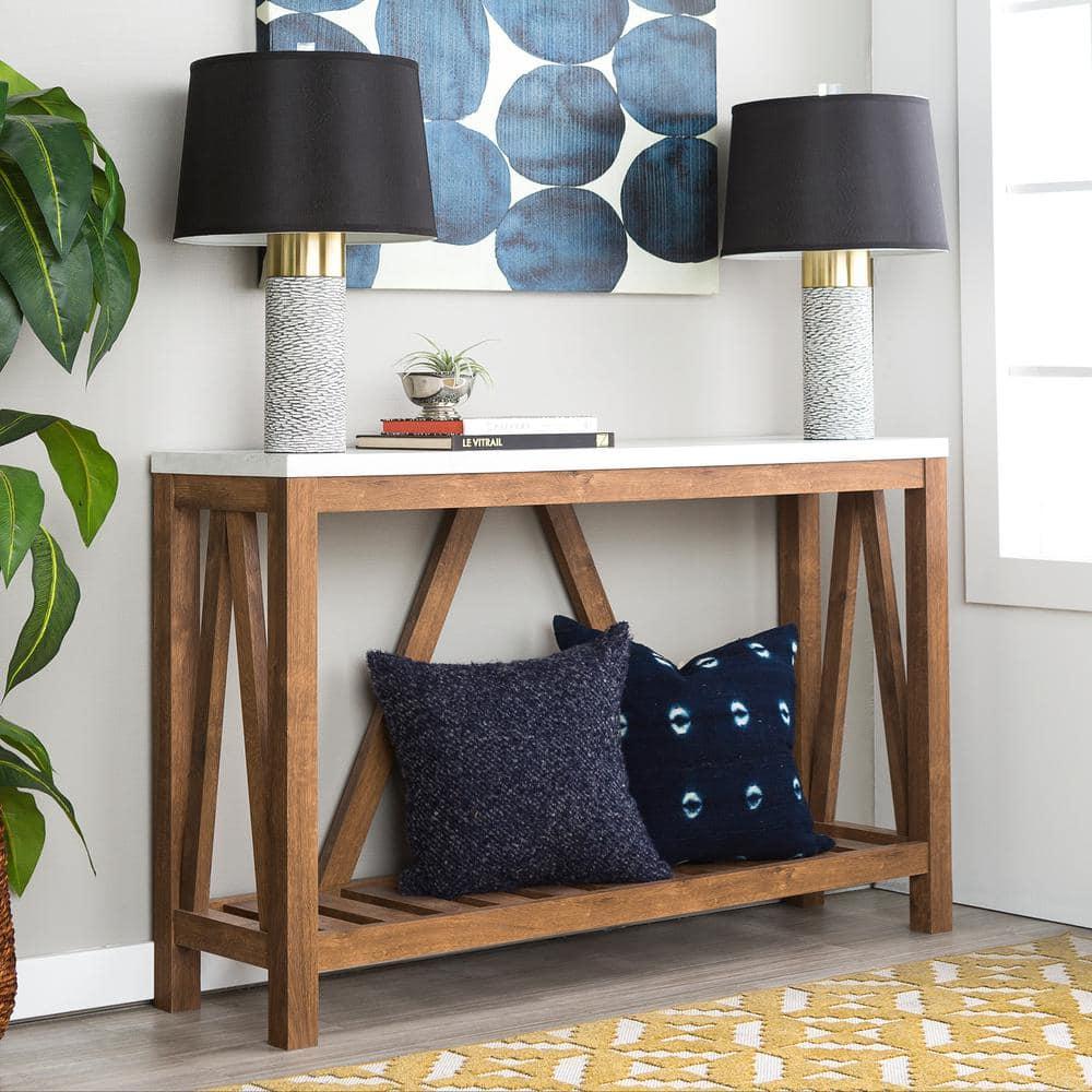 Walker Edison Modern Farmhouse Faux Marble and Walnut Entryway Table, Faux White Marble/Walnut