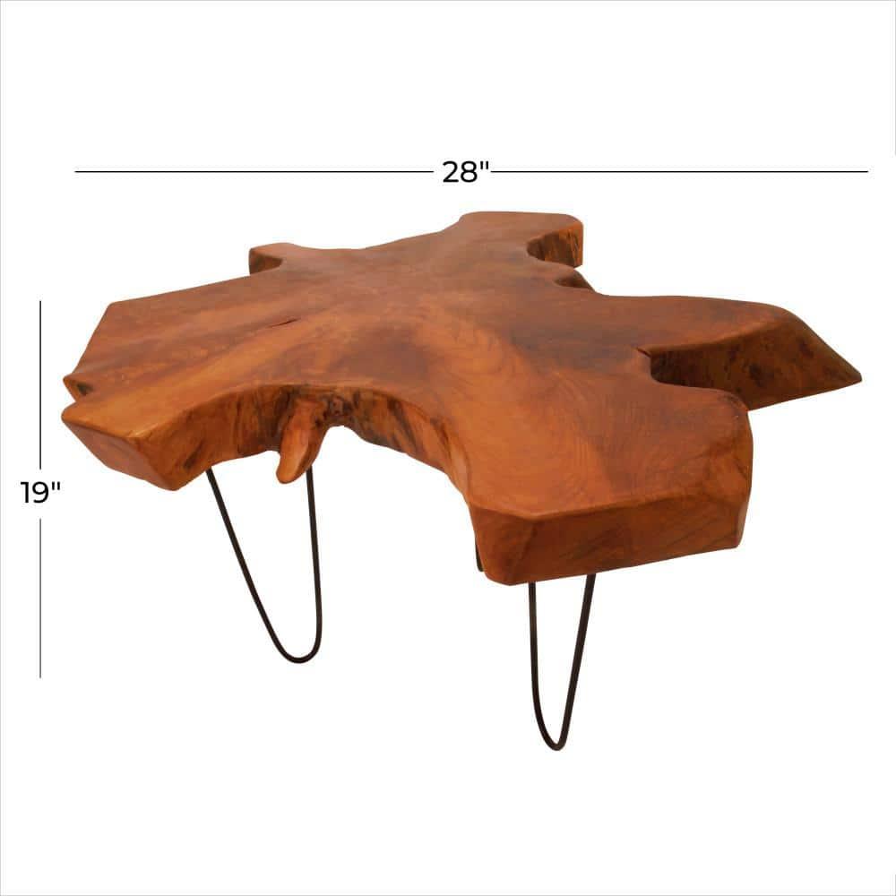 DecMode 28" x 19" Brown Wood Handmade Live Edge Top Coffee Table with Black Metal Hairpin Legs, 1-Piece