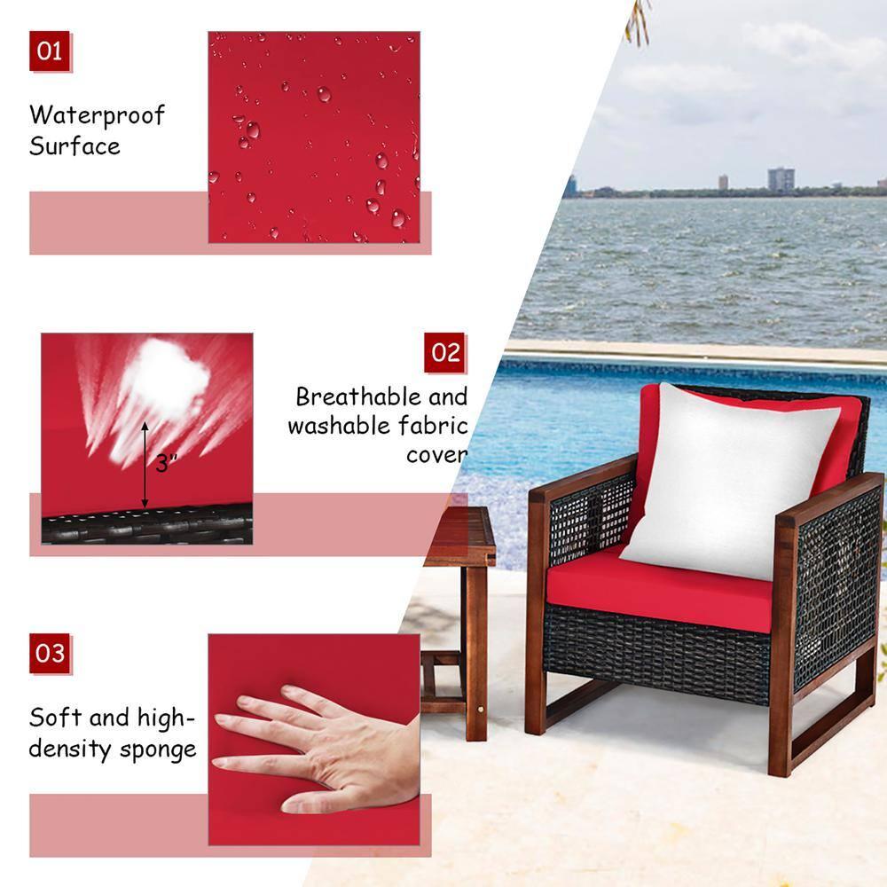 Costway 3PCS Patio Wicker Furniture Set Solid Wood Frame Cushion Sofa w/ Square Table Shelf Red