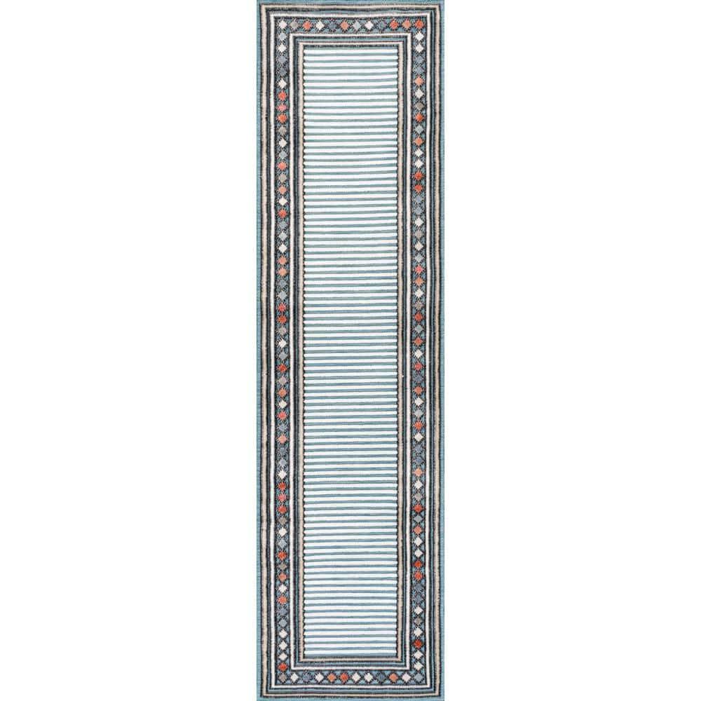 JONATHAN Y Sebastian High-Low Modern Diamond Border Blue/Ivory 2 ft. x 8 ft. Indoor/Outdoor Runner Rug