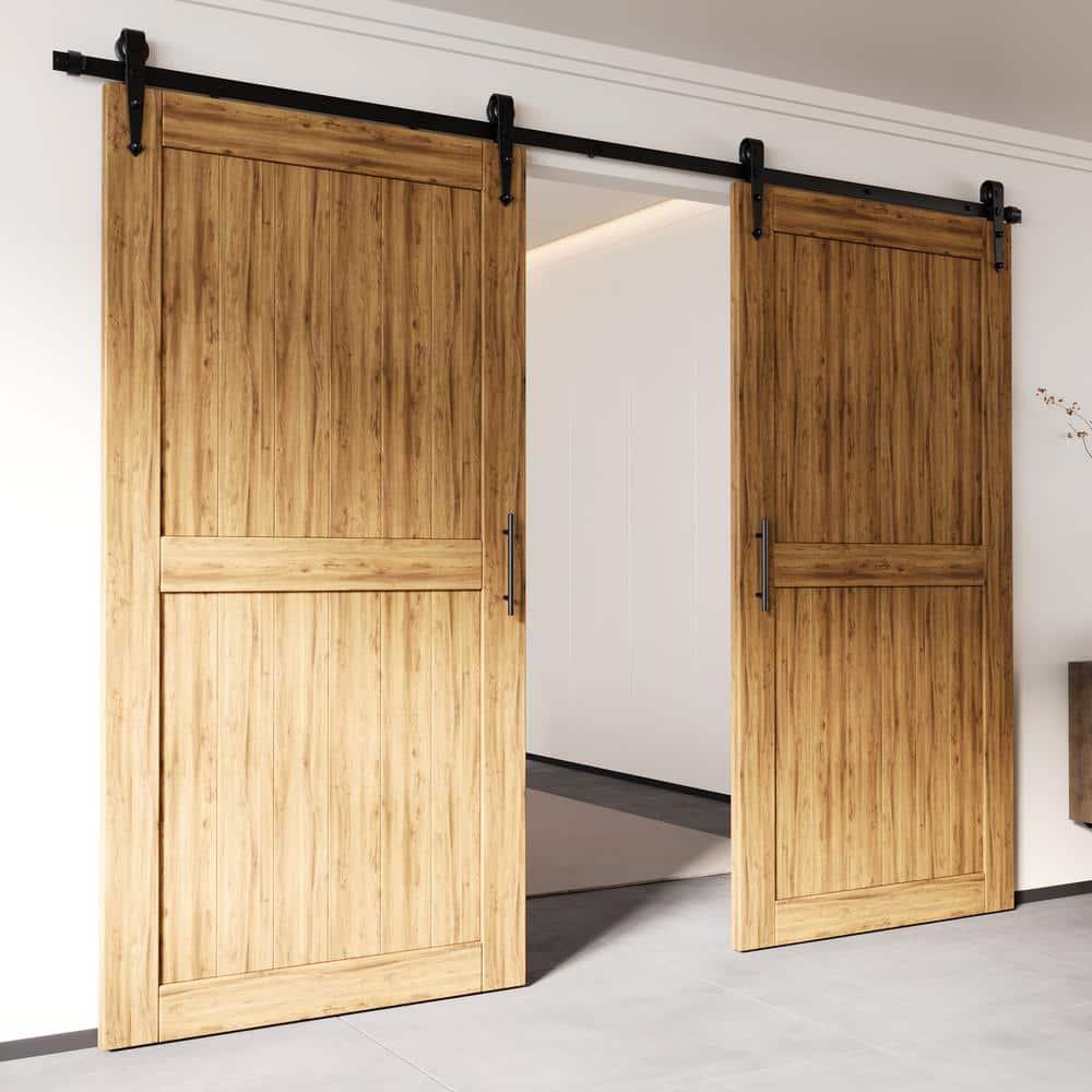 Homacer Black Rustic Sliding Barn Door Hardware Kit, for Two/Double Doors, 5.5ft Long Flat Track, Arrow Design Roller, Heavy Duty, for Interior & Exterior Use