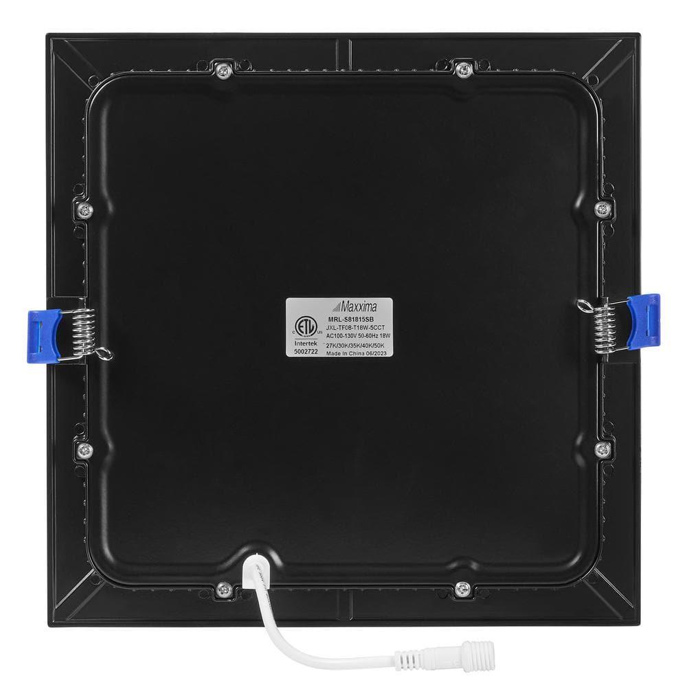 Maxxima 8 in. 5CCT Square Recessed LED Downlight, 1400 Lumens Slim Flat Panel Color Selectable 2700K/3000K/3500K/4000K/5000K, Dimmable, Canless IC Rated, Black Trim, J-Box Included