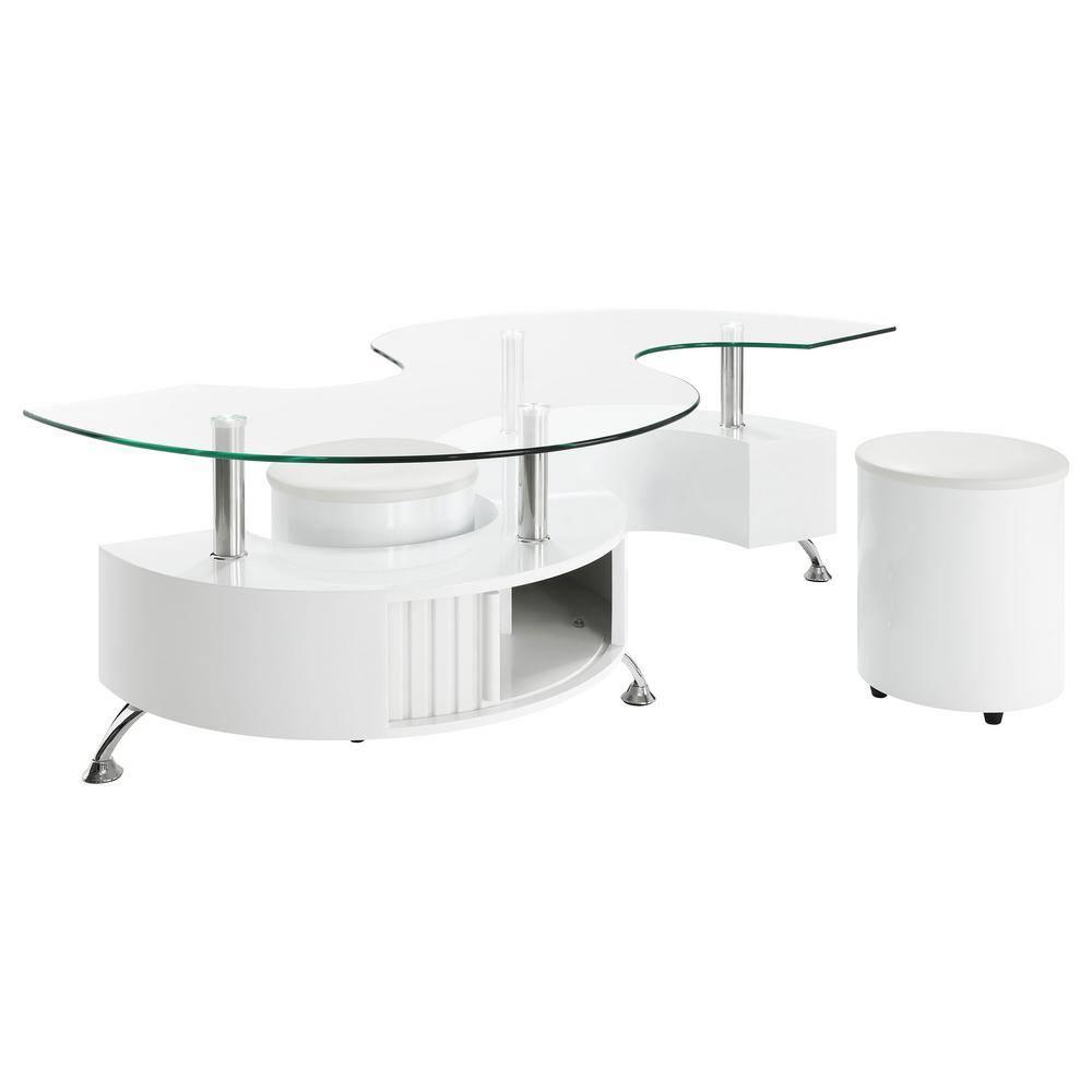 Coaster Buckley Wood Curved Glass Top Coffee Table With Stools in White
