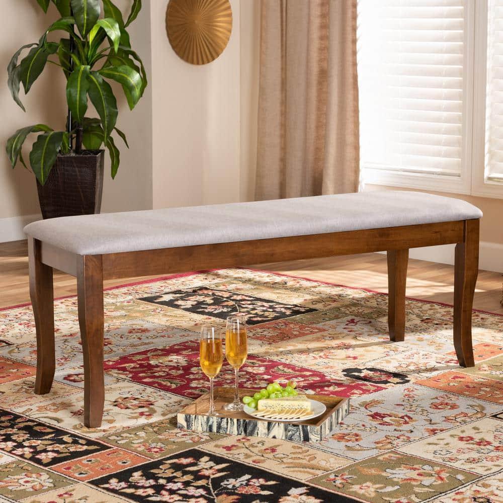 Everly Quinn Violette Modern and Contemporary Gray Fabric Upholstered and Walnut Brown Finished Wood Dining Bench