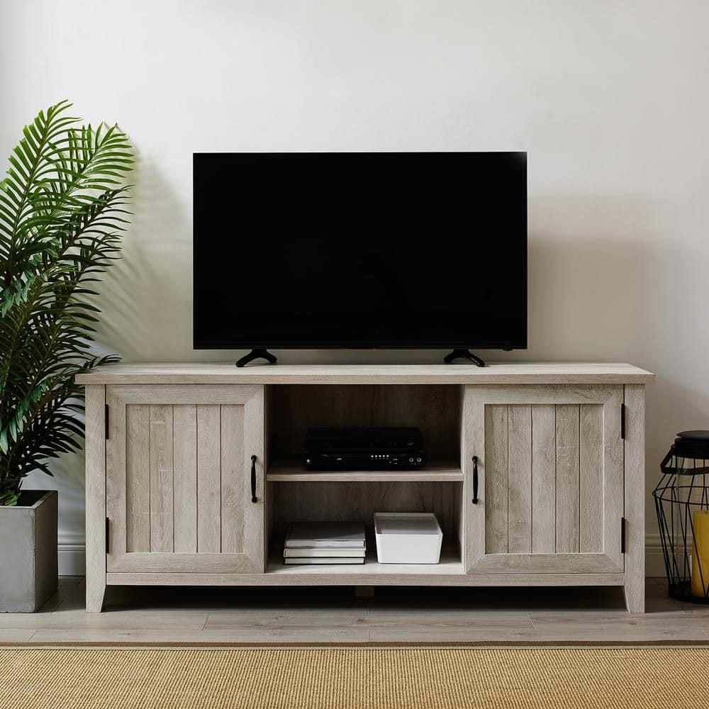 Transitional Grooved-Door 58" White Oak TV Stand with Cabinet