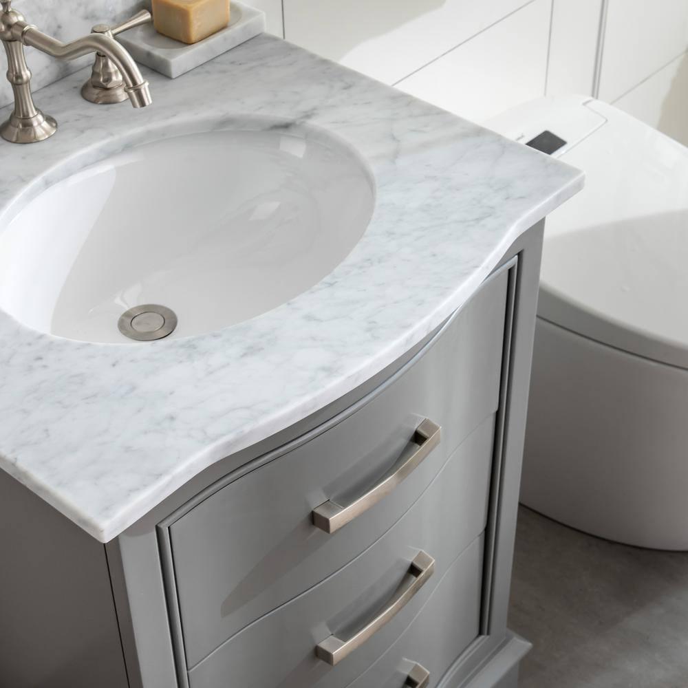Monroe 24 in. W x 22 in. D Bath Vanity in Gray with Natural Marble Vanity Top in Carrara White with White Sink
