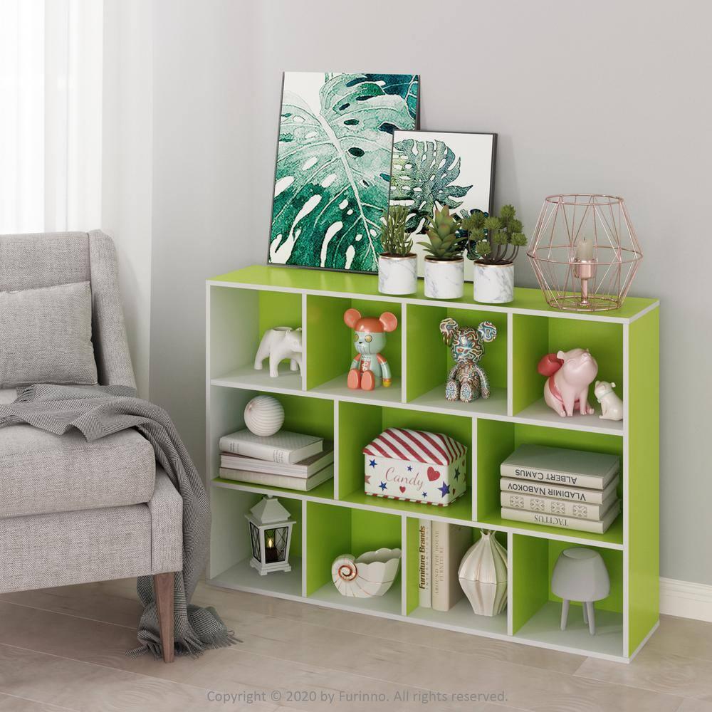 Furinno 3-tier Open Bookcase 11-Cube Floor Standing Storage Shelves Display Cabinet,Green