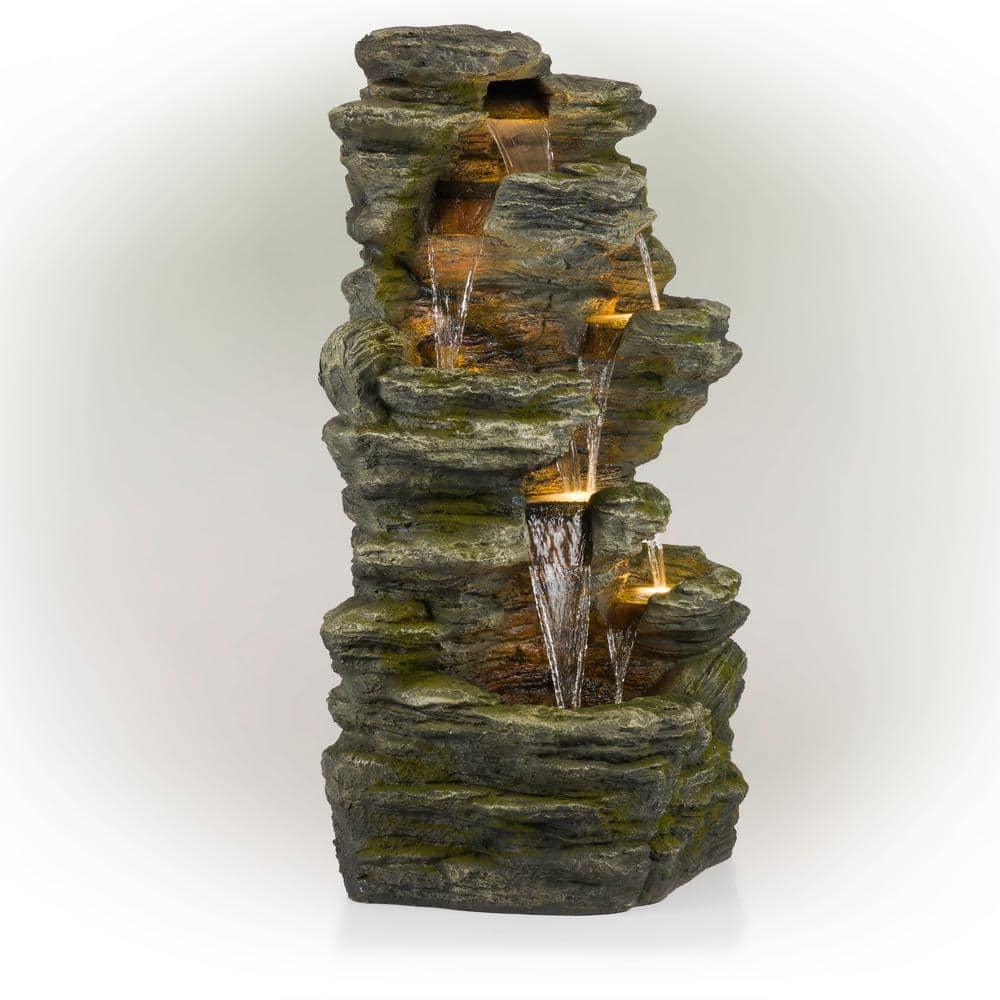 51" Resin Rock Cascading Fountain with LED Lights Gray - Alpine Corporation: Waterfall Feature, Birdbath