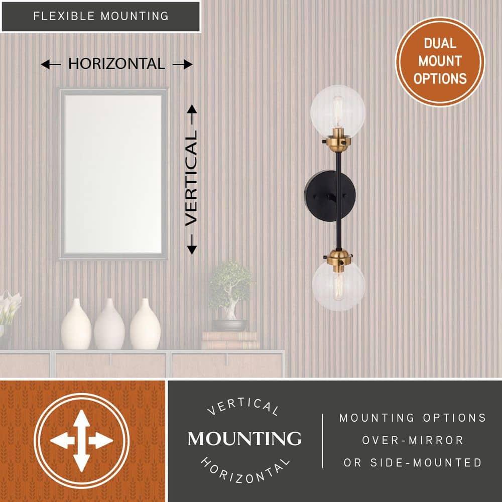 Vaxcel Orbit 2 Light Brass and Oil Rubbed Bronze Industrial MCM Wall Sconce Clear Glass Globe