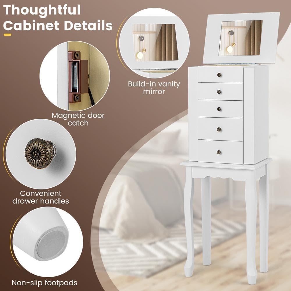 Standing Jewelry Cabinet Armoire with Top Flip Mirror, Jewelry Box Chest with 4 Drawers, Top Compartments, 8 Necklace Hooks and 2 Side Doors, White