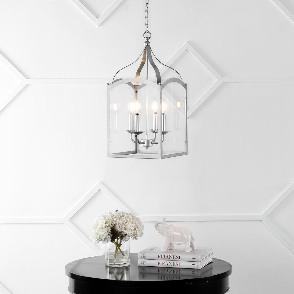 11" LED 4-light Ruth Classic Lantern Metal/Glass Pendant Silver - JONATHAN Y: ETL Listed, Adjustable Height