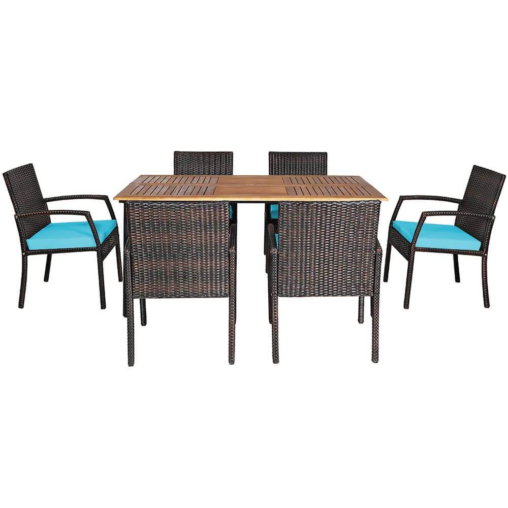 Costway 7PCS Patio Rattan Dining Chair Table Set with Cushion Umbrella Hole Turquoise
