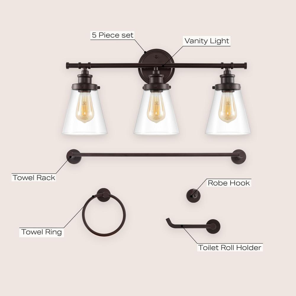 Hollis 23.75" 3-Light Traditional Farmhouse Vanity Light with Bathroom Hardware Accessory Set, Oil Rubbed Bronze (5-Piece)