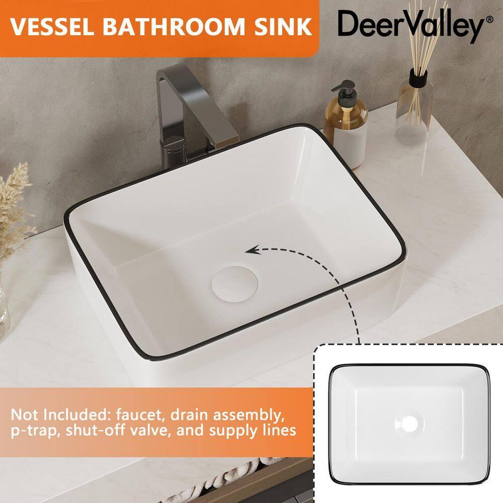 DeerValley DV-1V0317 Deervalley Liberty 16'' X 12'' Rectangular Vitreous China Vessel Bathroom Sink, White With Black Striped Edge
