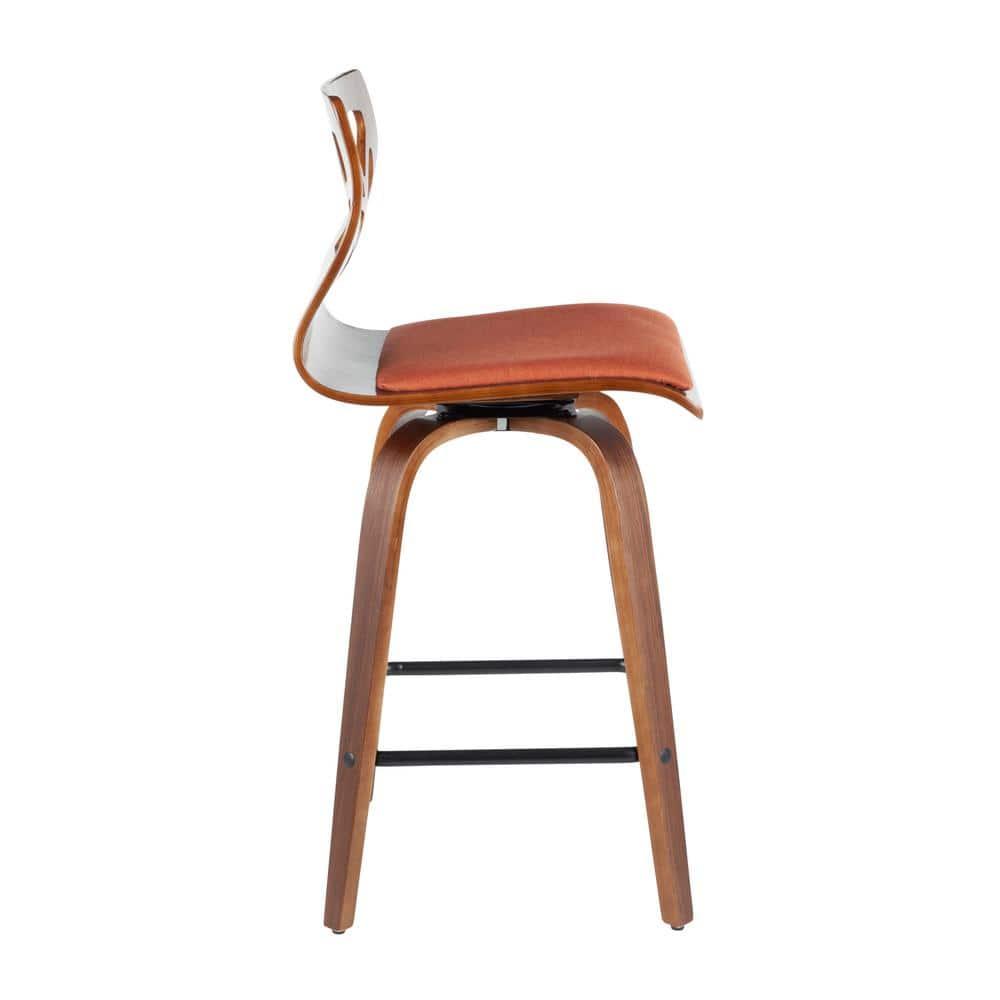 Folia Mid-Century Modern Counter Stool in Walnut Wood and Orange Fabric by LumiSource - Set of 2