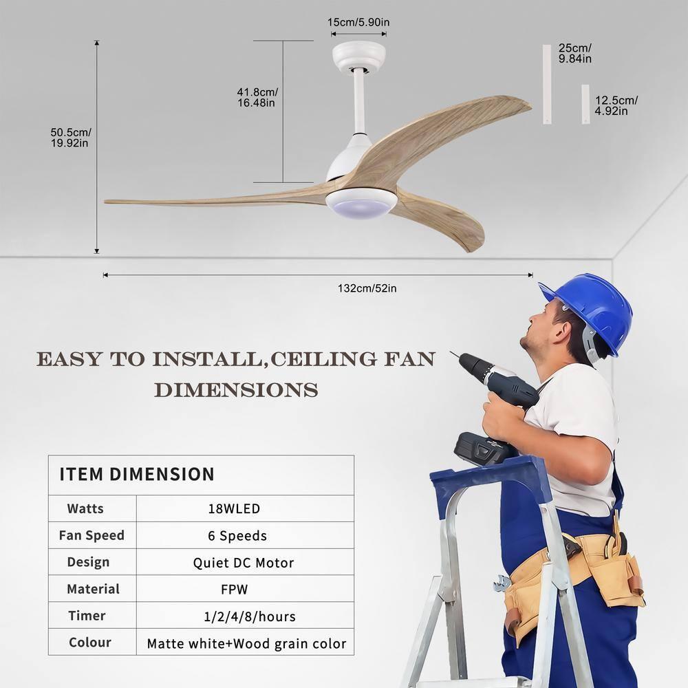 52" Ceiling Fan, Indoor Outdoor Ceiling Fan With Light with Remote Control, Noiseless Reversible Motor, 6 Speed ,3 Color ,Indoor.(Matte White)