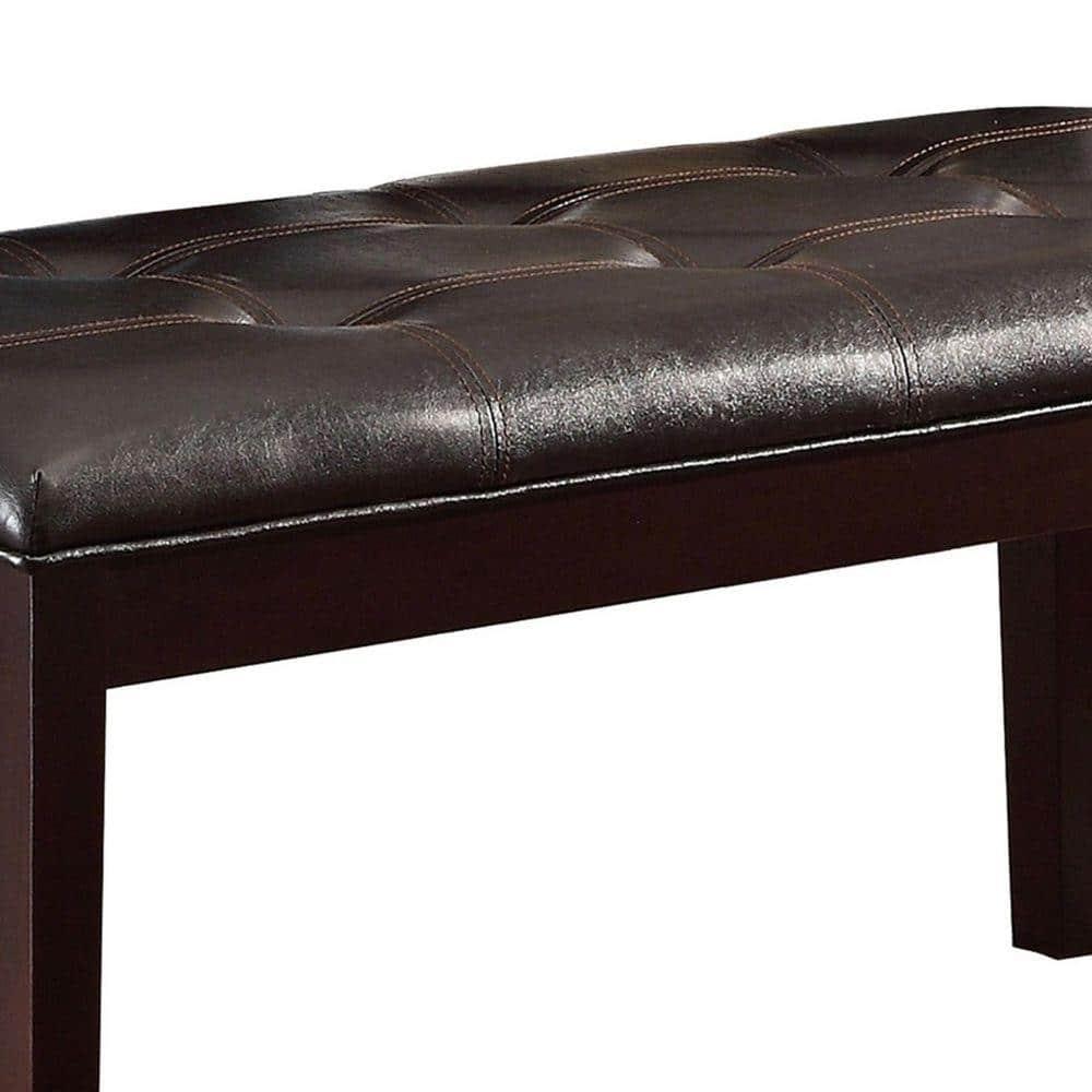 Button Tufted Faux Leather Upholstered Wooden Bench, Espresso Brown