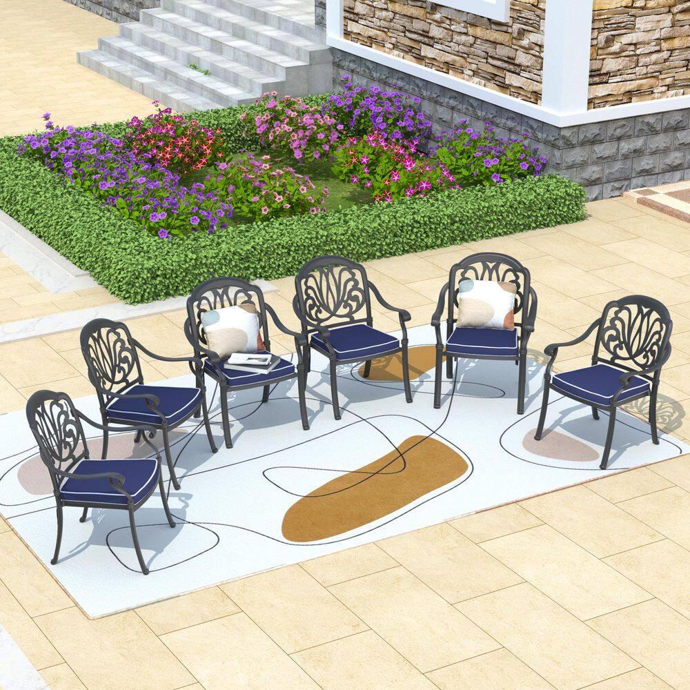 Hzzkey Outdoor Aluminum Dining Arm Chairs - Set of 6, Black, Random Color Cushions