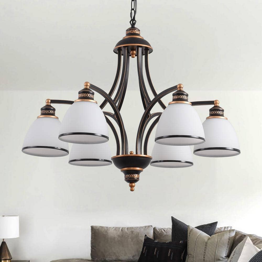 Modern 6-Light Chandelier With Frosted Shade,Metal Lights Fixture, Adjustable Height Pendant Lighting, Black Chandeliers for Dining Room Kitchen Island, Hanging Lights for Bedroom Farmhouse