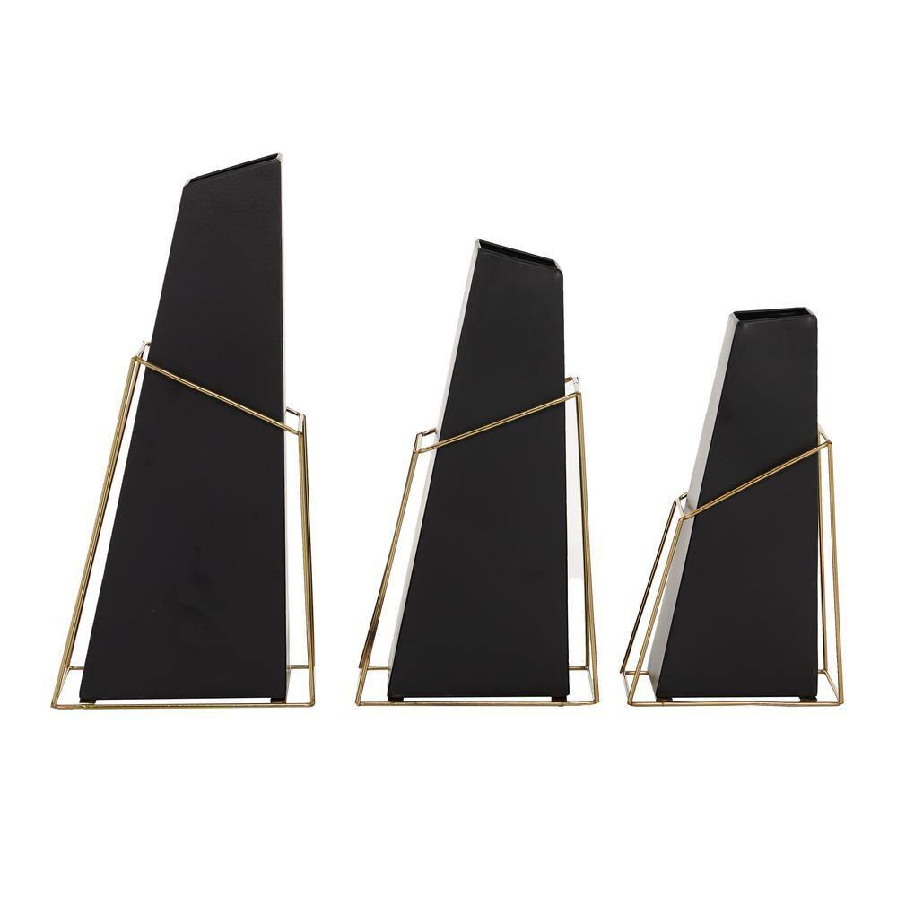 DecMode 10", 12", 14"H Black Metal Vase with Gold Wire Accents, Set of 3