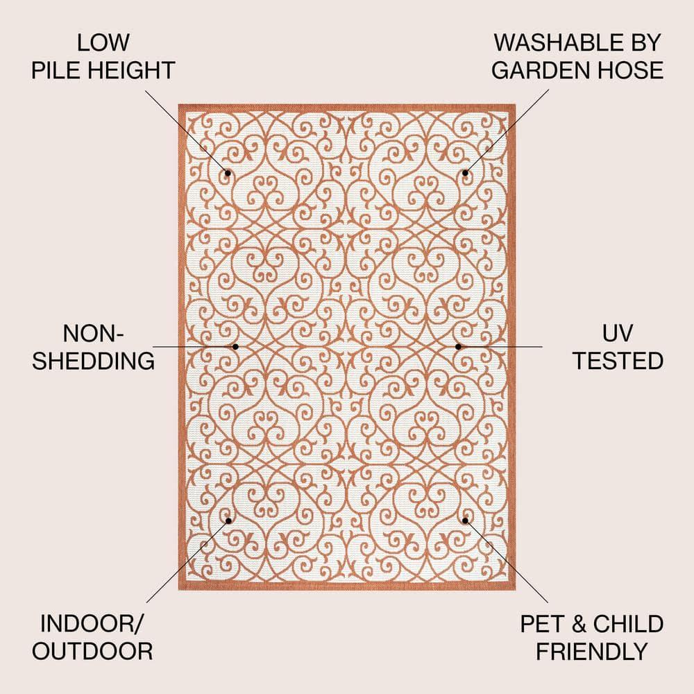 4' x 6' Madrid Vintage Filigree Textured Weave Indoor/Outdoor Area Rug, Cream/Orange - JONATHAN Y