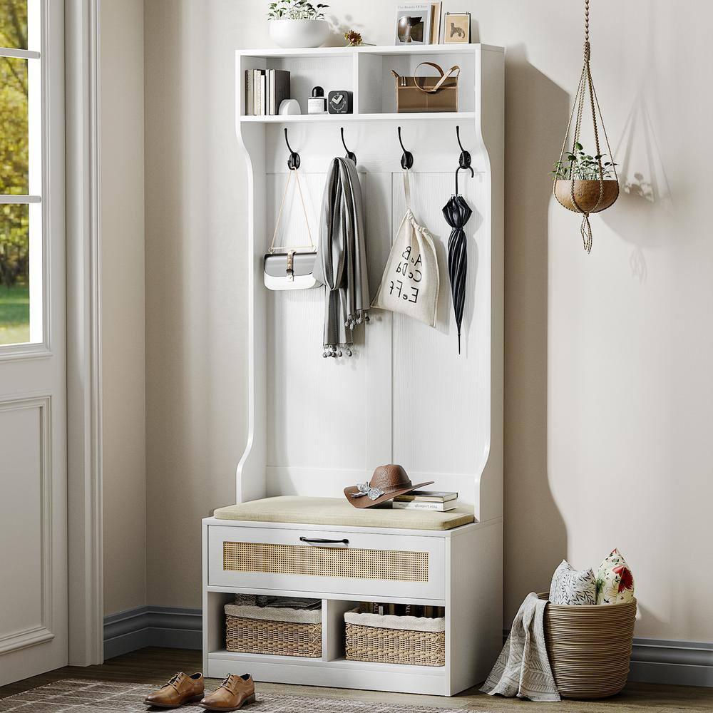 Anmytek Hall Tree with Bench and Shoe Storage, Entryway Coat Rack with 6 Compartments 4 Hooks & Rattan Door, Shoe Storage Bench with Soft Cushion for Hallway, Living Room, Mudroom