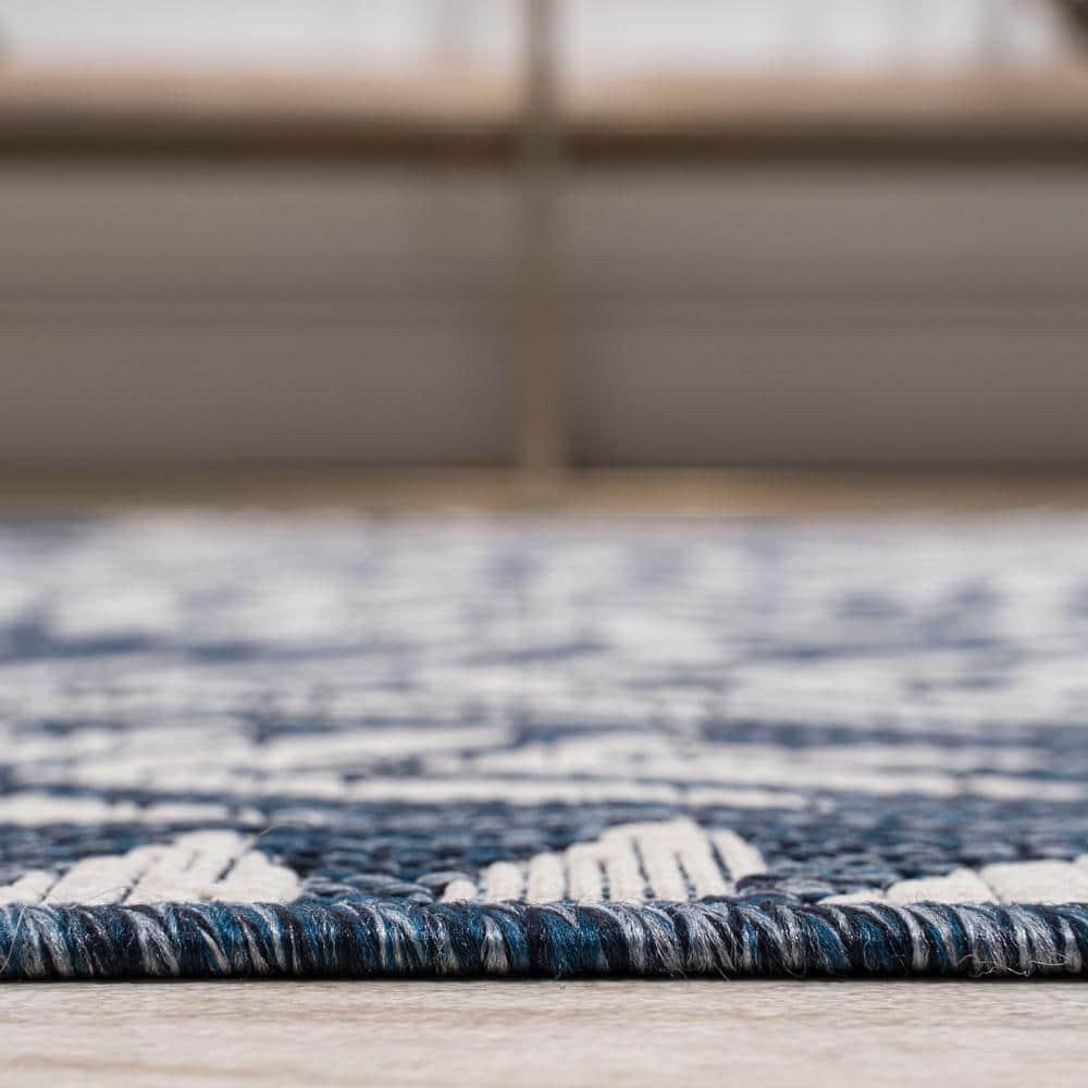5' Square Nevis Palm Frond Indoor/Outdoor Area Rug, Navy/Ivory - JONATHAN Y