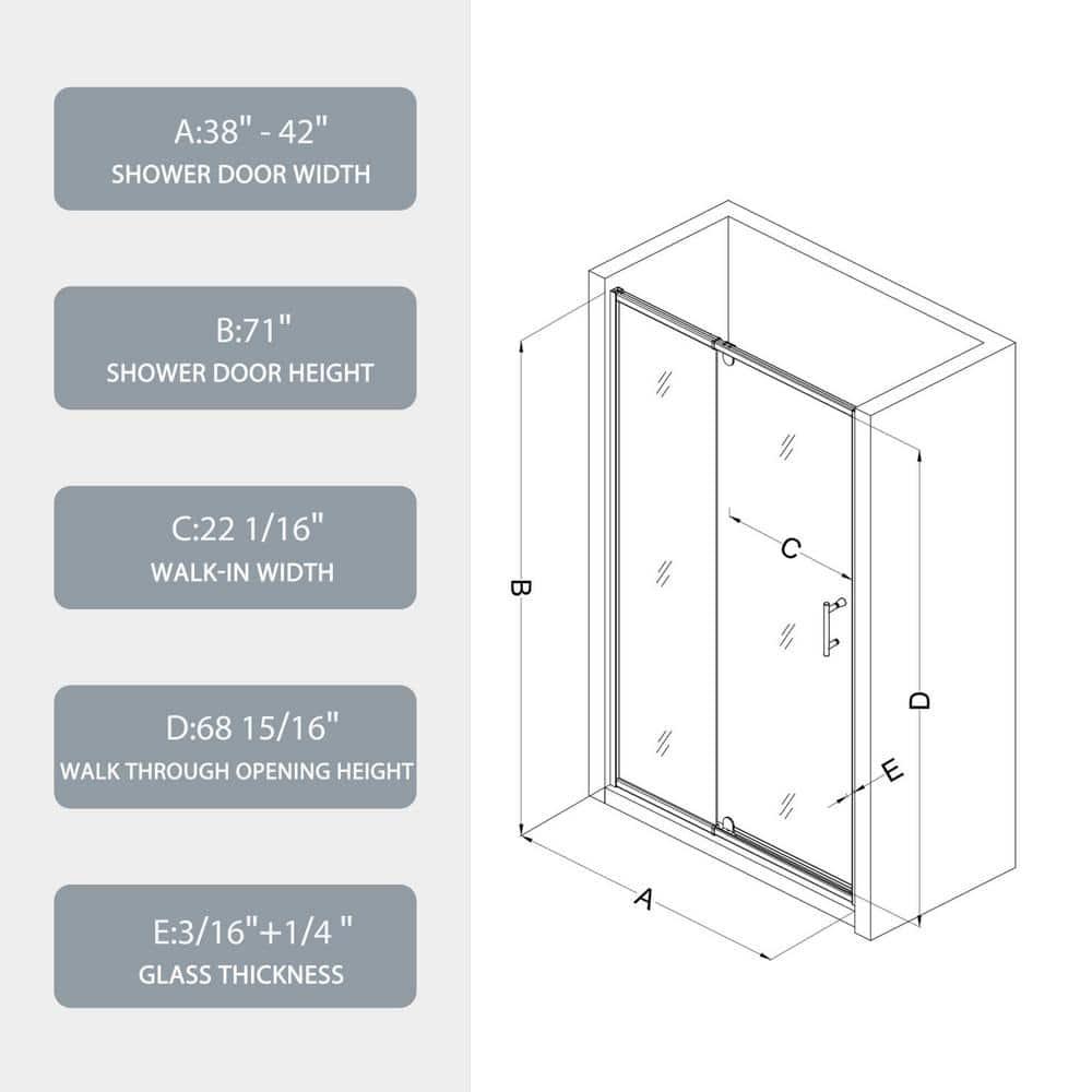 Waterpar WP1683871MB 38-42 in. W x 71 in. H Pivot Swing Semi-Frameless Shower Door With Clear Tempered Glass