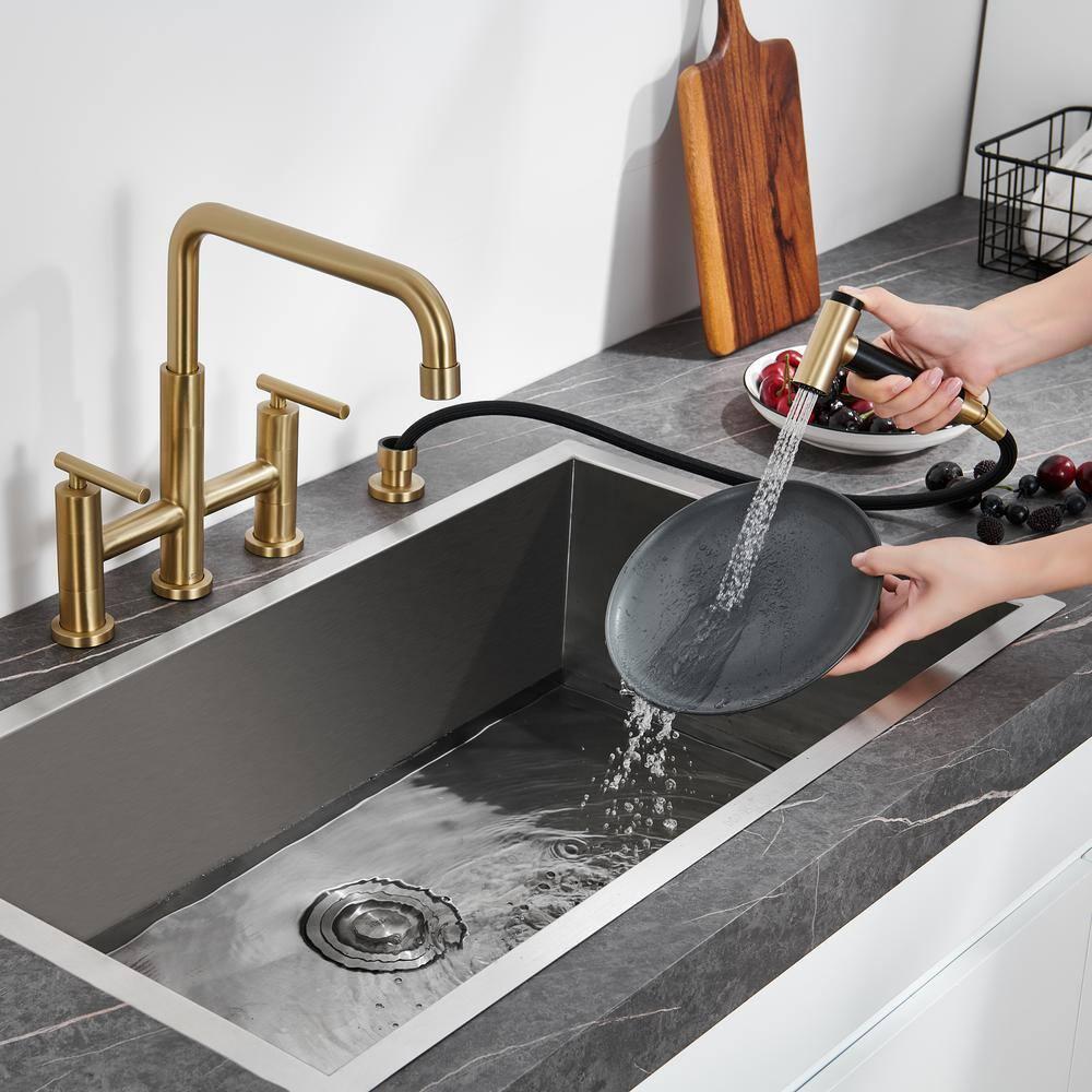 Double Handle Bridge Kitchen Faucet in Brushed Gold, with Put Out Side Sprayer