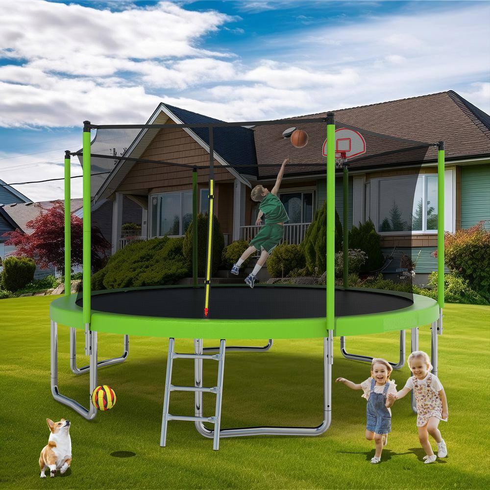 14 FT Green Outdoor Trampoline with Safety Enclosure Net