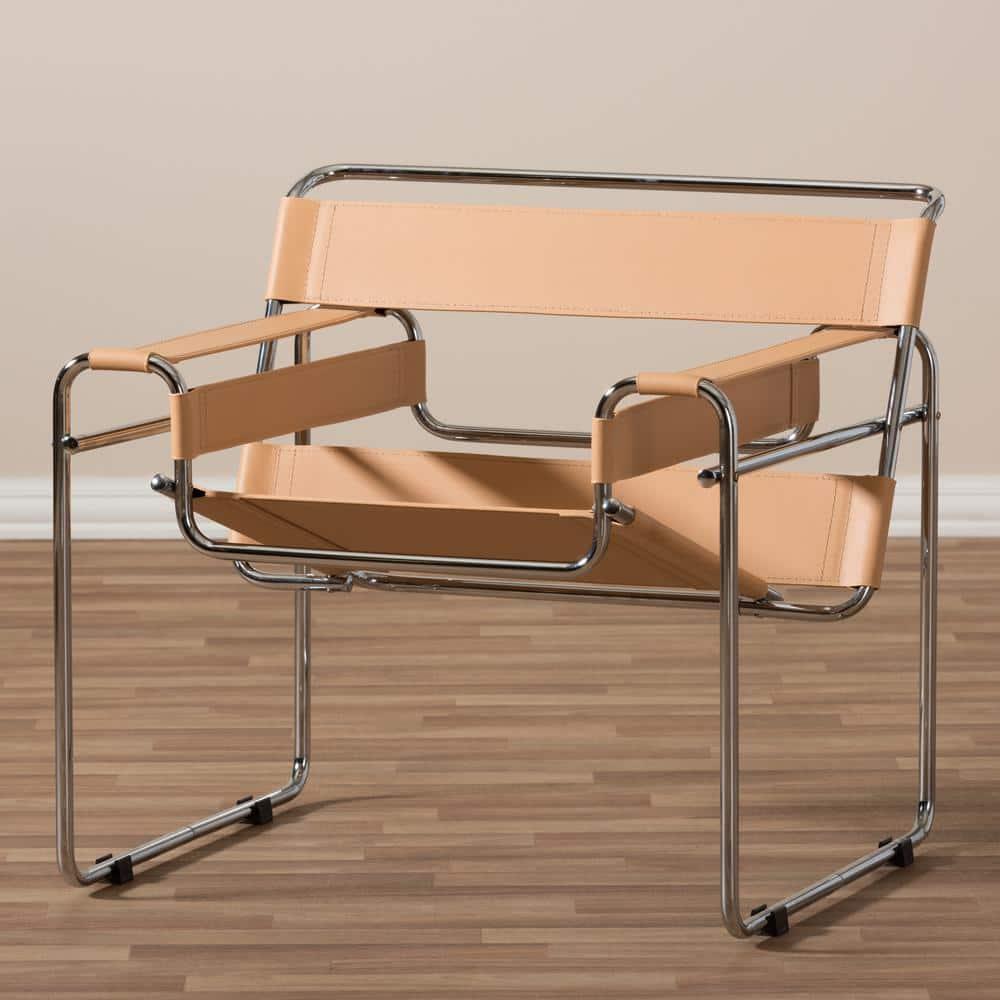 Baxton Studio Jericho Leather Mid Century Modern Accent Chair Tan: Chrome Finish, No-Mar Feet, Fully Assembled