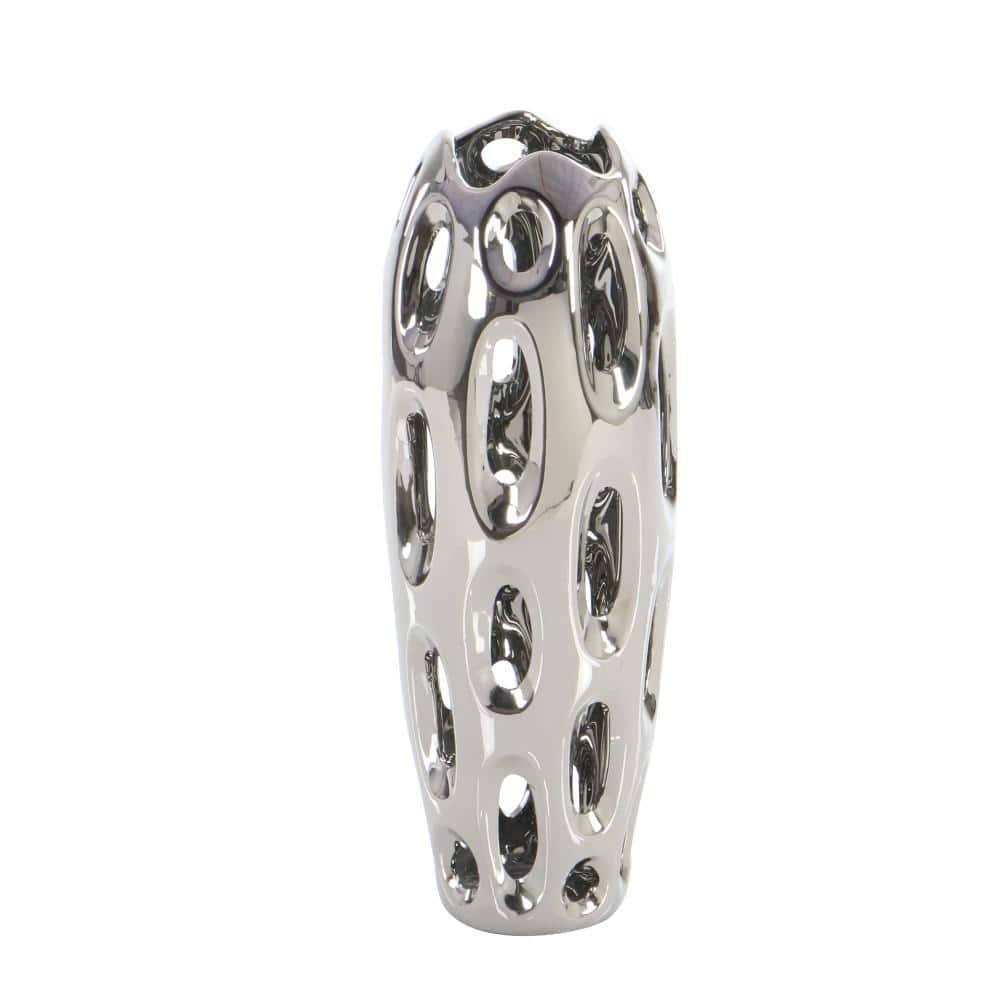 DecMode 16" Silver Ceramic Vase with Cut Out Designs
