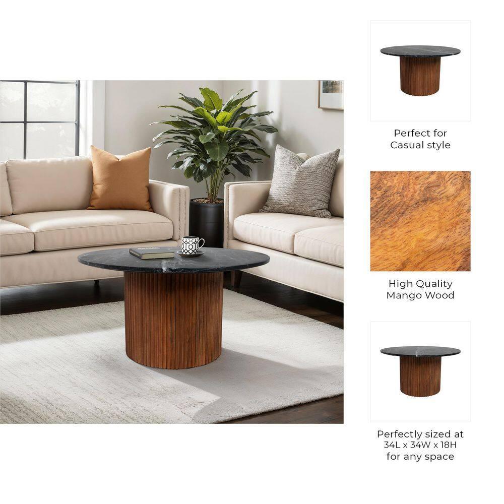 Sagebrook Home 18" Mango Wood and Marble Round Reeded Coffee Table Brown/Black: Elegant Pedestal Base, No Assembly Required