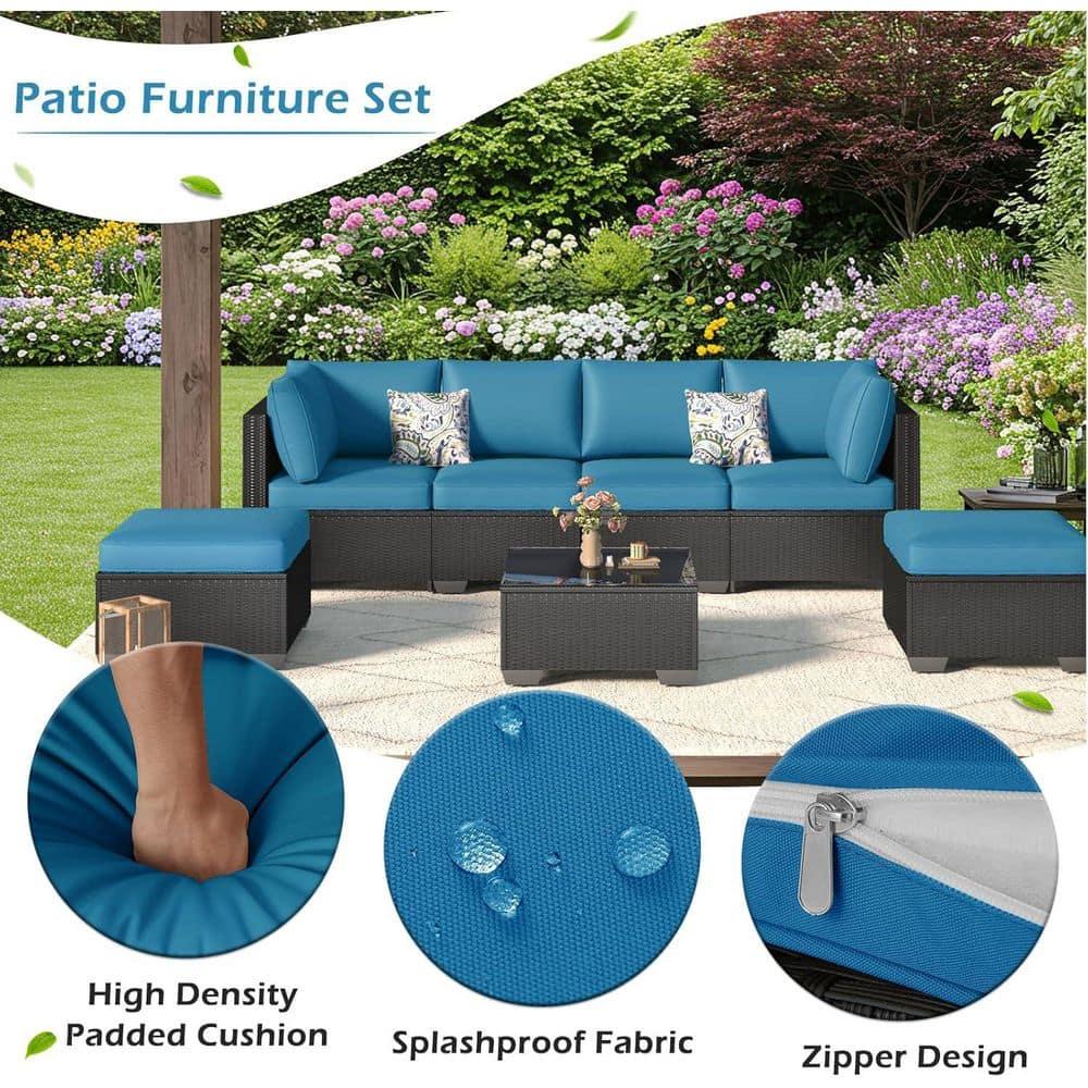 Black Steel Frame 7-Piece Outdoor Sectional Sofa Set with Blue Cushions