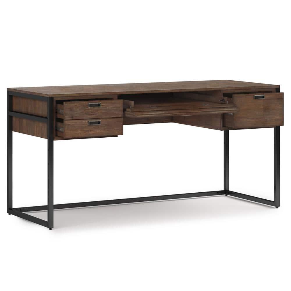 Simpli Home Richmond 60"W Solid Acacia Wood Desk, Industrial Style with Keyboard Tray and 3 Drawers