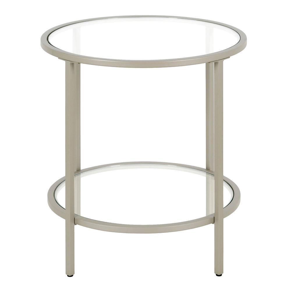Satin Nickel 20" Round Metal & Glass Side Table with Shelf