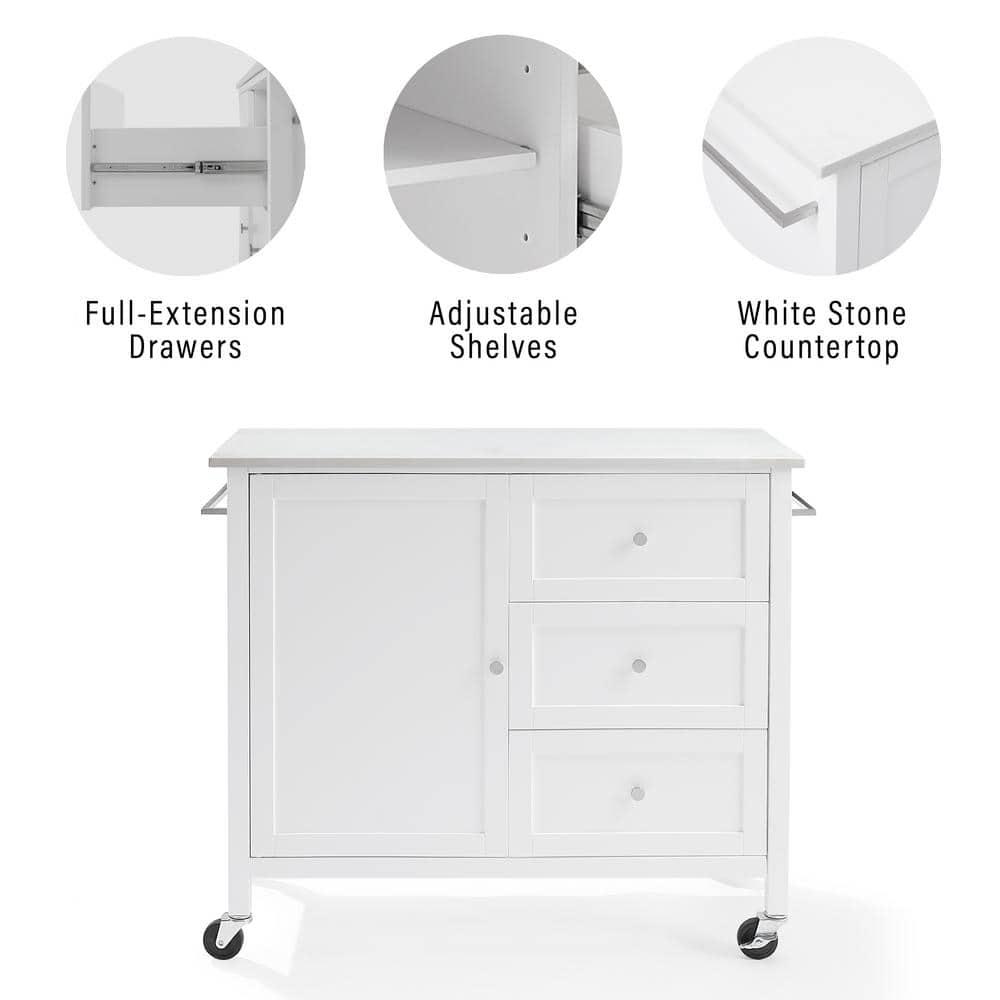 Crosley Soren Stone Top Kitchen Island/Cart White: Rolling Cart with Storage, 2 Shelves, 3 Drawers, Traditional Style