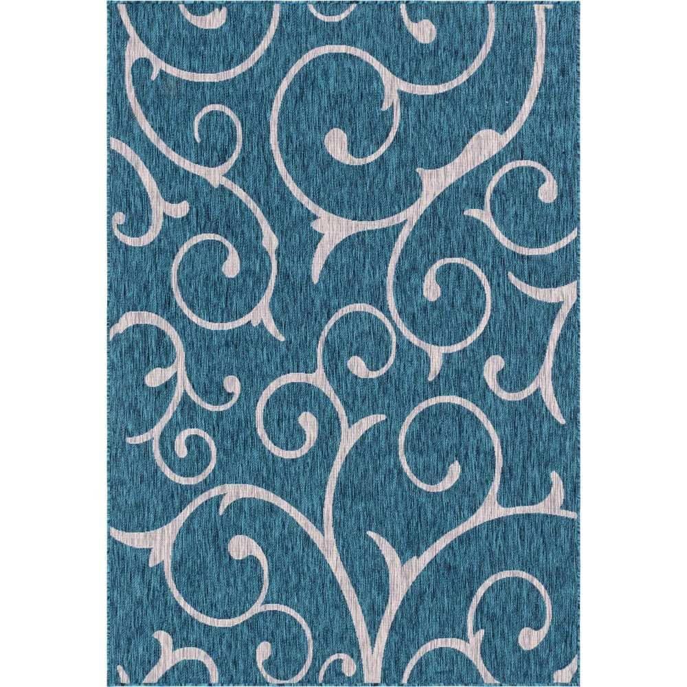 Unique Loom 6' 1 x 9' 0 Rectangle Indoor/Outdoor Botanical Teal Area Rug